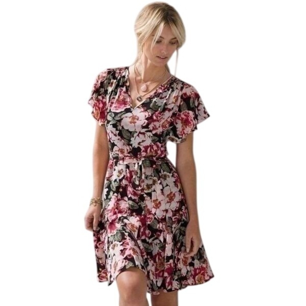 White House Black Market Floral Flutter Sleeve V Neck Dress Size Medium